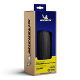Michelin Power Adventure gravel tyre tubeless ready with puncture protection installed on a bicycle wheel.