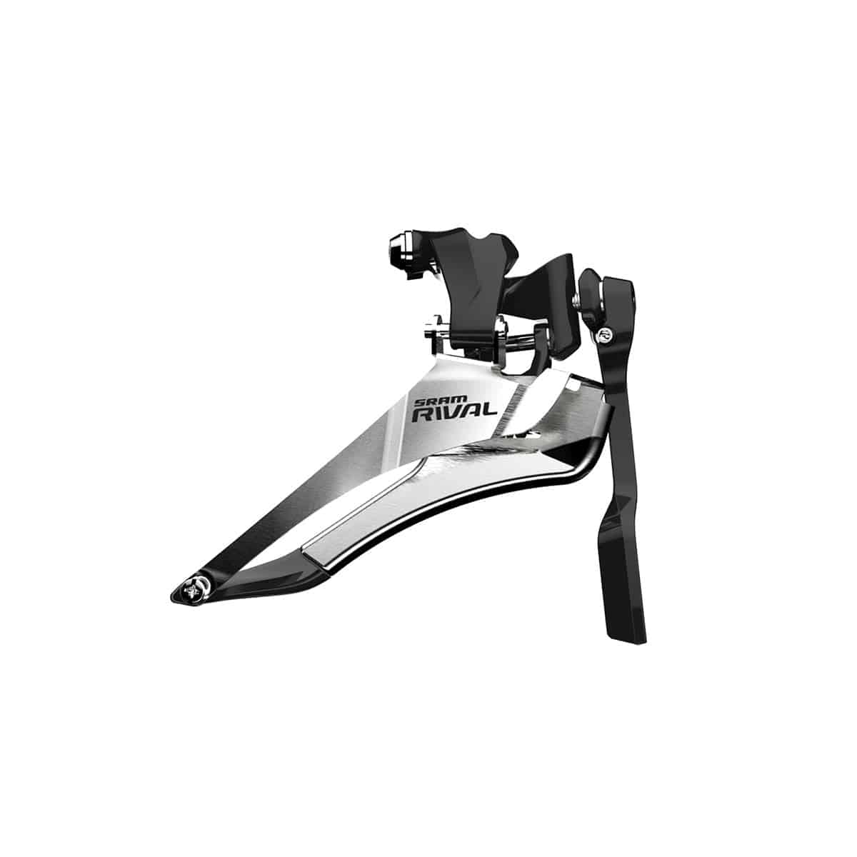 SRAM Rival 22 front derailleur with yaw braze-on and chain spotter for road and cyclocross bikes, showing the derailleur mounted and chain guide.