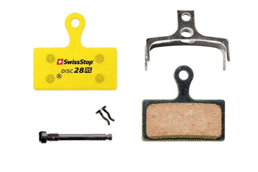 SwissStop Disc 28 brake pads for Shimano MTB XTR, XT, M8000 with organic compound, shown in close-up view.