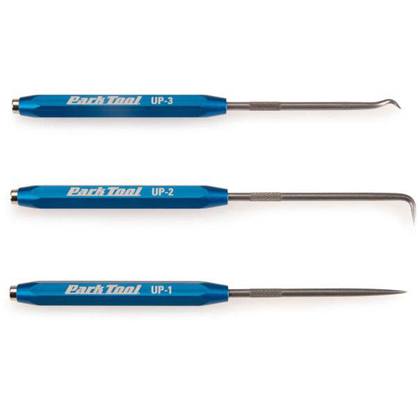 Park Tool UP-SET Utility Pick Set with replaceable picks, precision bike maintenance tools shown in workshop setting.