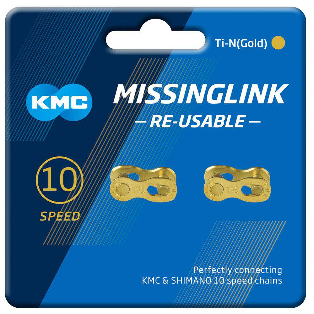 KMC Missinglink 10R Ti-Ni gold reusable chain link for 10-speed bike chains, made of titanium and nickel for durability.