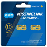 KMC Missinglink 10R Ti-Ni gold reusable chain link for 10-speed bike chains, made of titanium and nickel for durability.