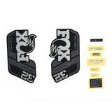 Fox Fork 32 decal kit with gray logo in matte black for 2021 Fox fork components, includes spares and accessories.
