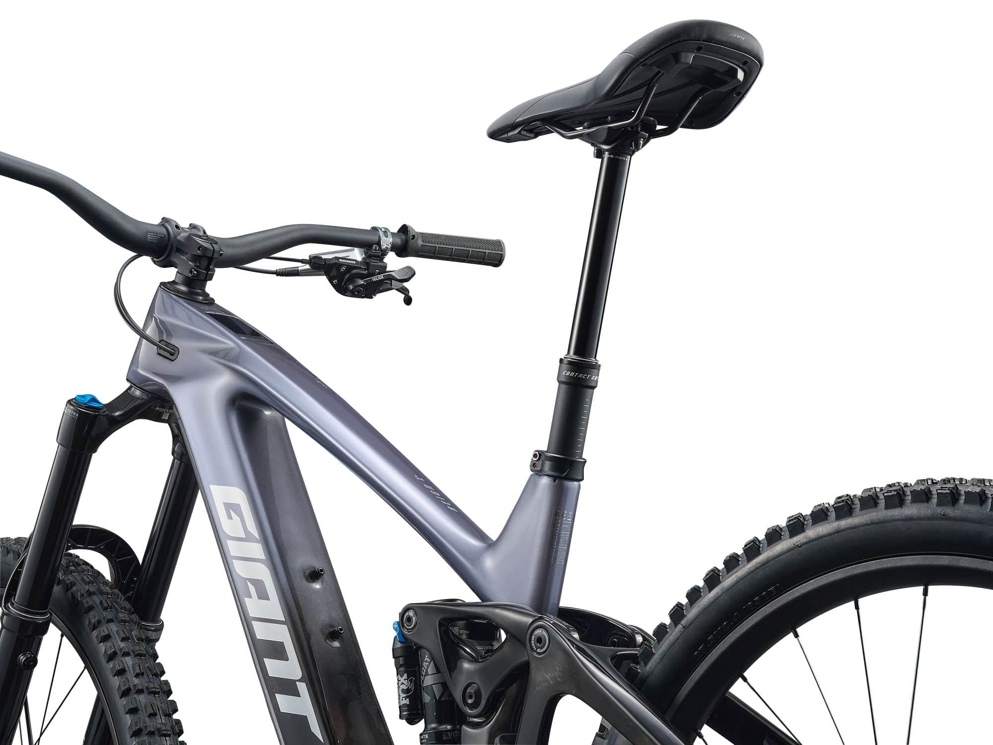 Giant Reign Advanced E+ 1 2026 electric mountain bike with SyncDrive Pro 3 motor and Maestro suspension, black and red frame.