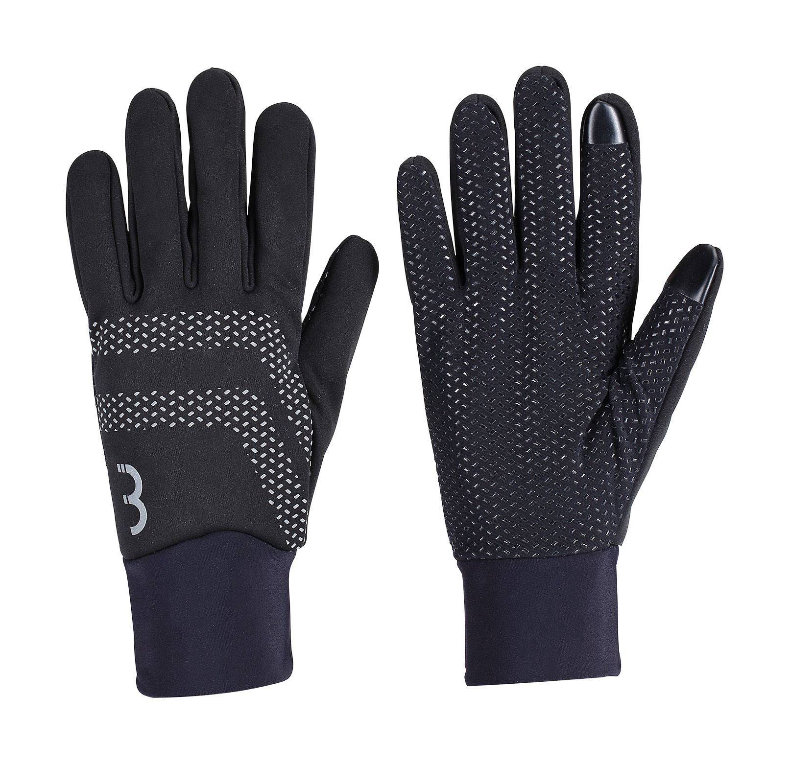 BBB RaceShield WB2.0 winter gloves with touchscreen fingertips and reflective prints, designed for cold weather cycling.