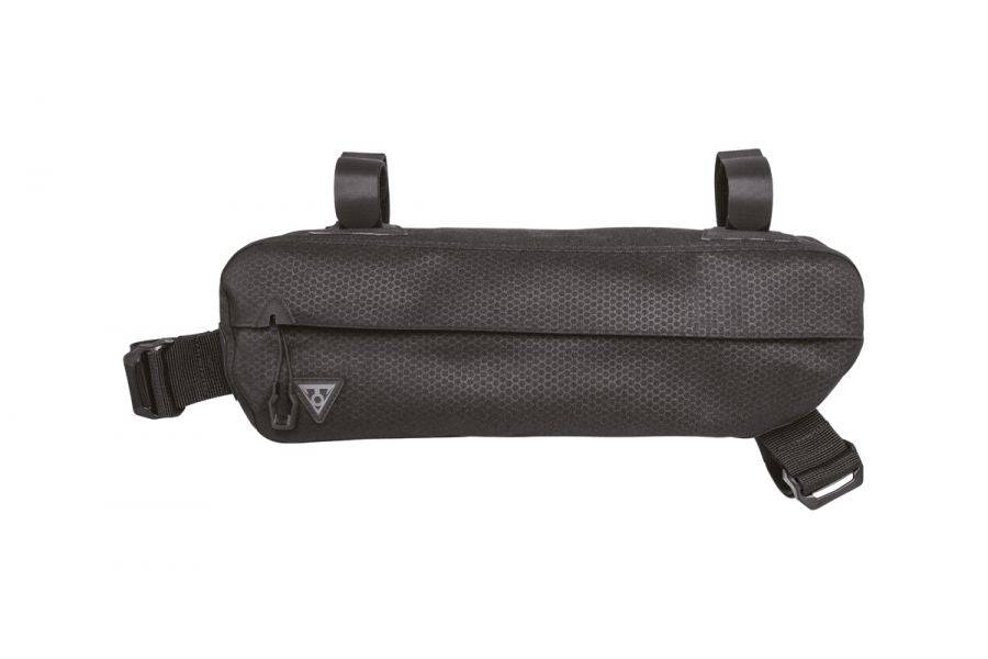 Topeak Midloader bike pannier bag with water-resistant fabric and adjustable storage capacity from 3L to 6L, mounted on bike frame.