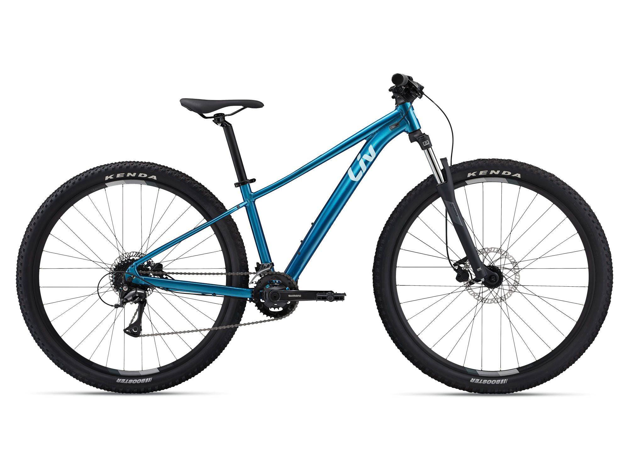 Liv Tempt 3 women's mountain bike with Shimano Acera gears and disc brakes, showing the bike's frame, handlebars, and tires.