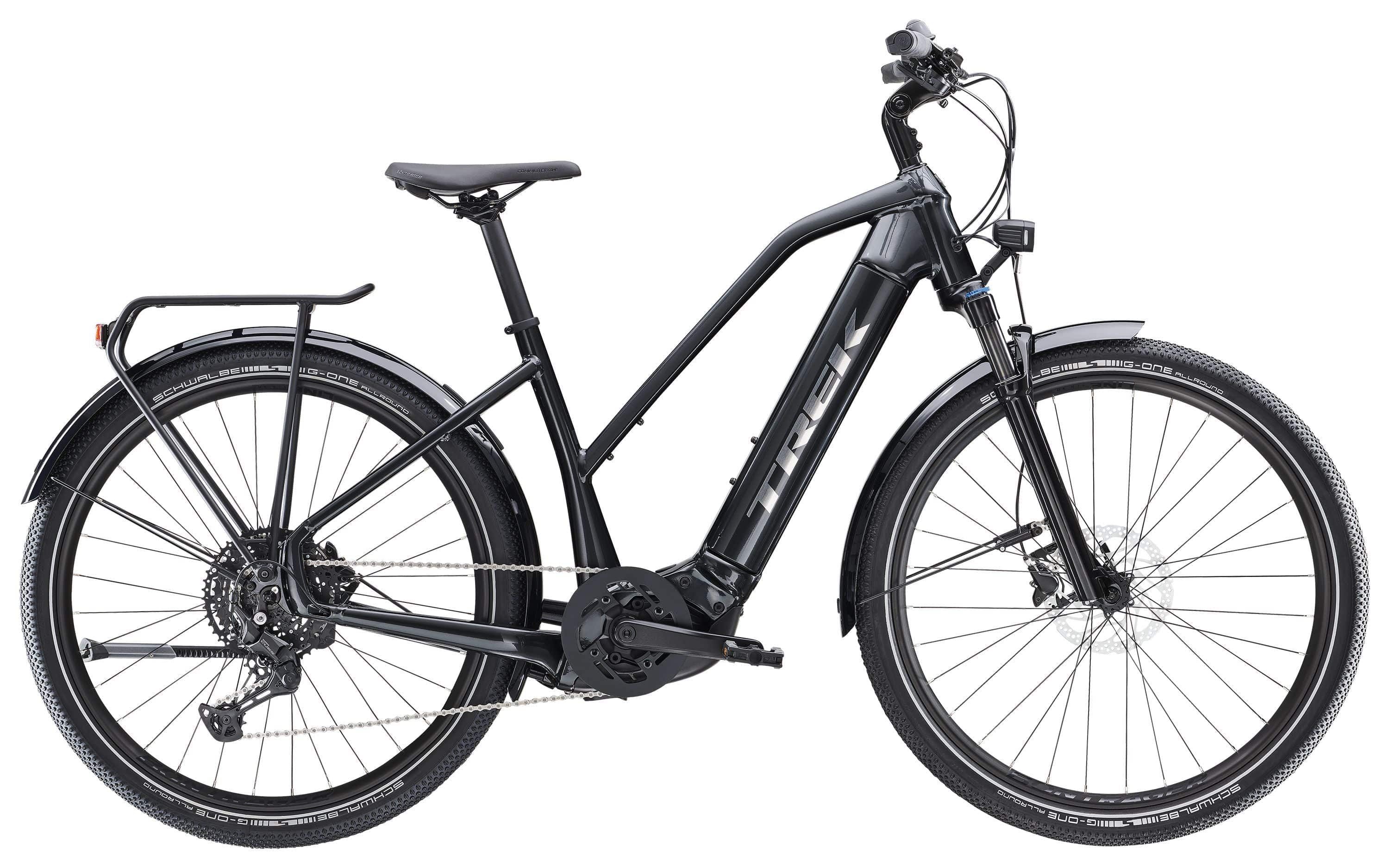 Trek Allant+ 7 Stagger 2025 electric hybrid bike for urban commuting, featuring a step-through frame and sleek design.