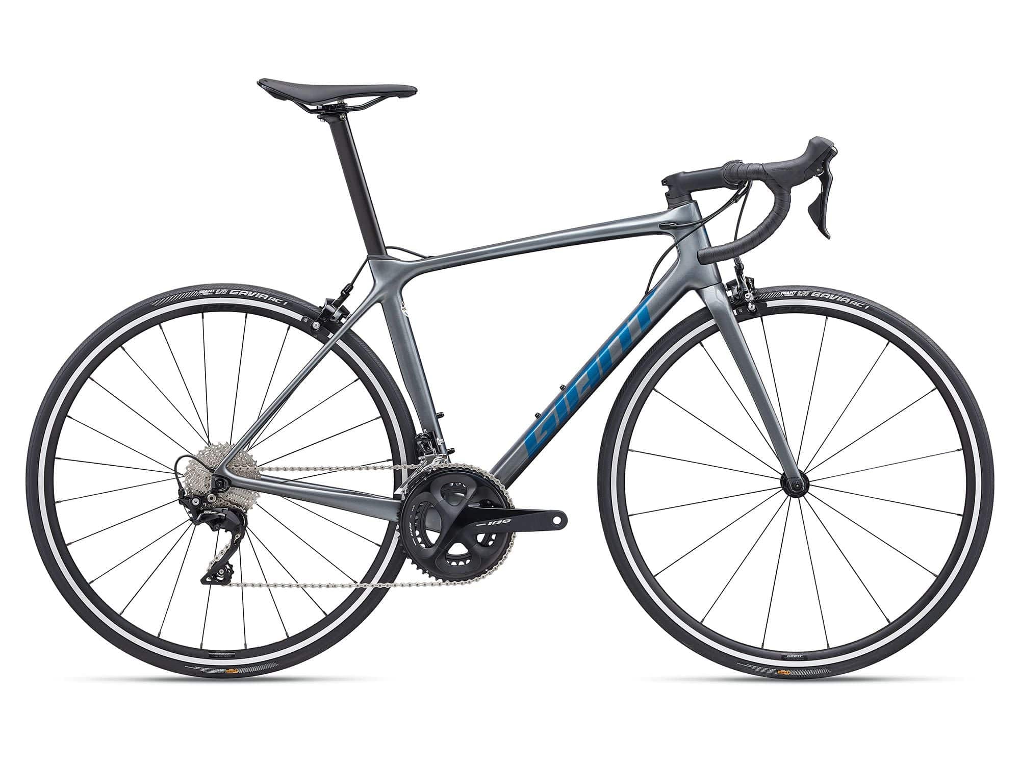 Giant TCR Advanced 2 road bike 2024 with Shimano 105 R7100 groupset and disc brakes, black and red frame, close-up of handlebars and drivetrain