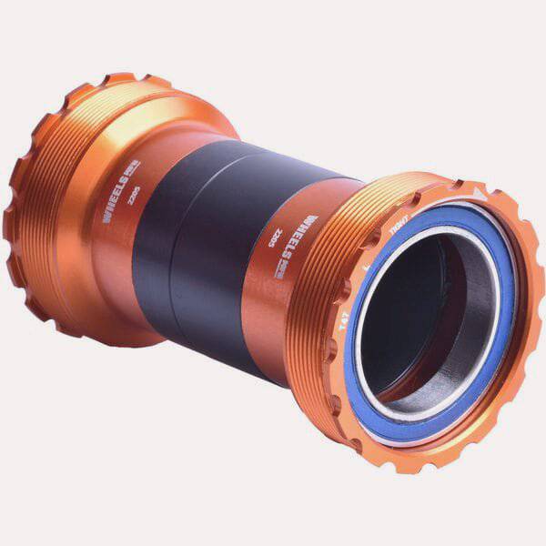 Wheels Manufacturing T47 bottom bracket with inboard angular contact bearings for 30mm cranksets, component for bike drivetrain.
