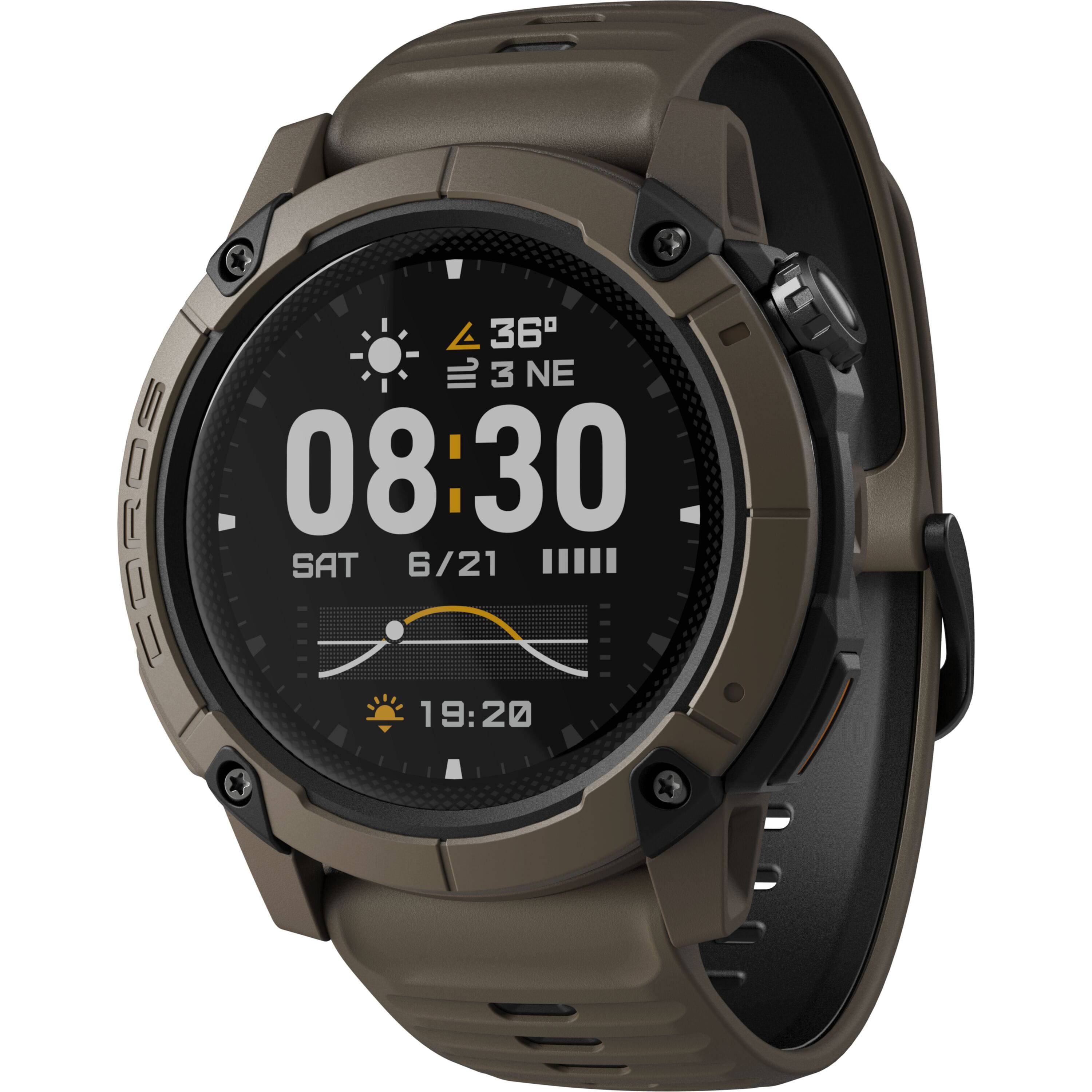 Coros NOMAD outdoor GPS watch with brown strap, showing digital display and adventure journal features for outdoor activities.