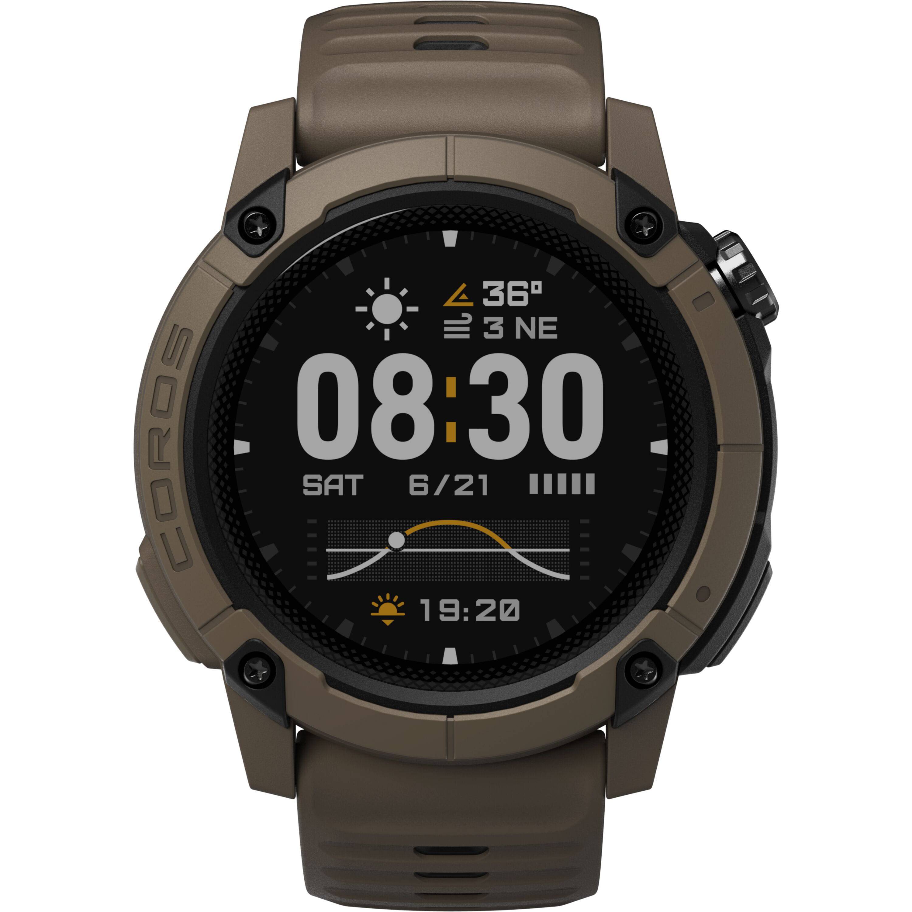 Coros NOMAD outdoor GPS watch in brown with adventure journal and multiple sport modes, designed for outdoor activities and fitness.