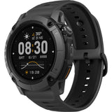 Coros Nomad outdoor GPS watch in dark grey with digital display, showing various sport mode icons and adventure journal features.