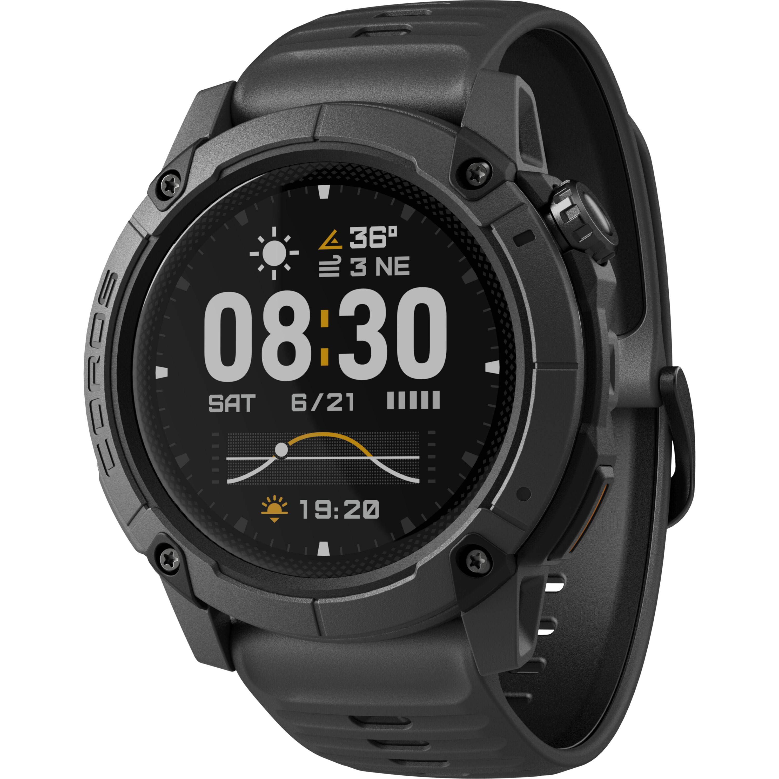 Coros Nomad outdoor GPS watch in dark grey with adventure journal and multiple sport modes, designed for outdoor activities.