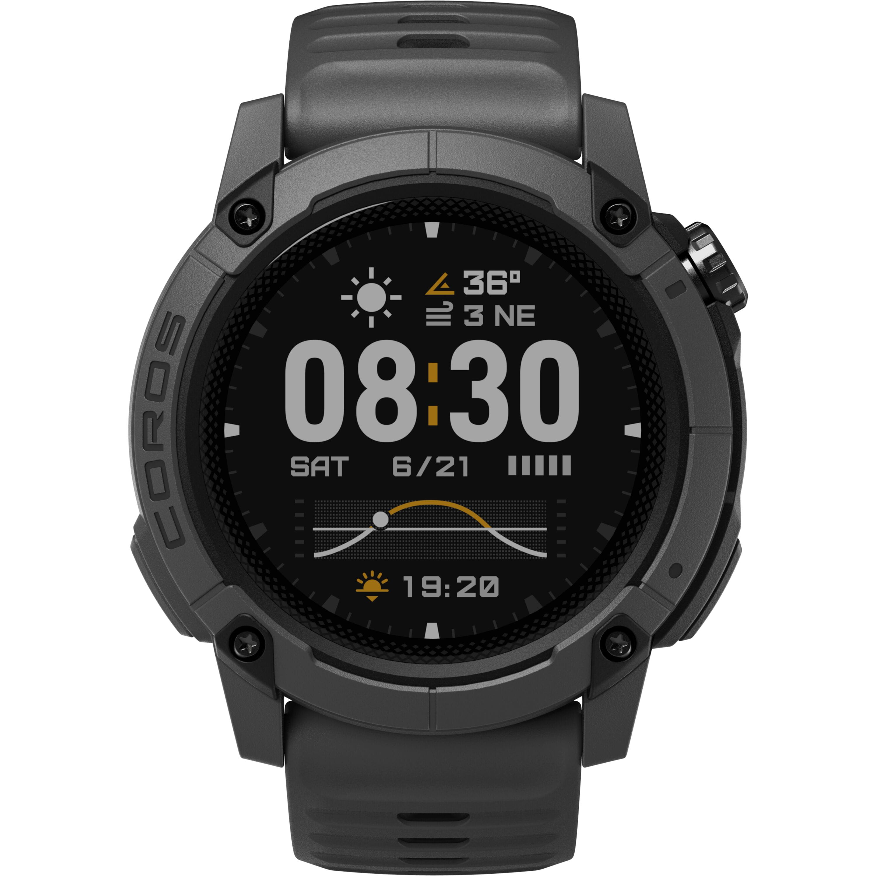 Coros Nomad outdoor GPS watch in dark grey with adventure journal and over 40 sport modes, designed for outdoor activities.