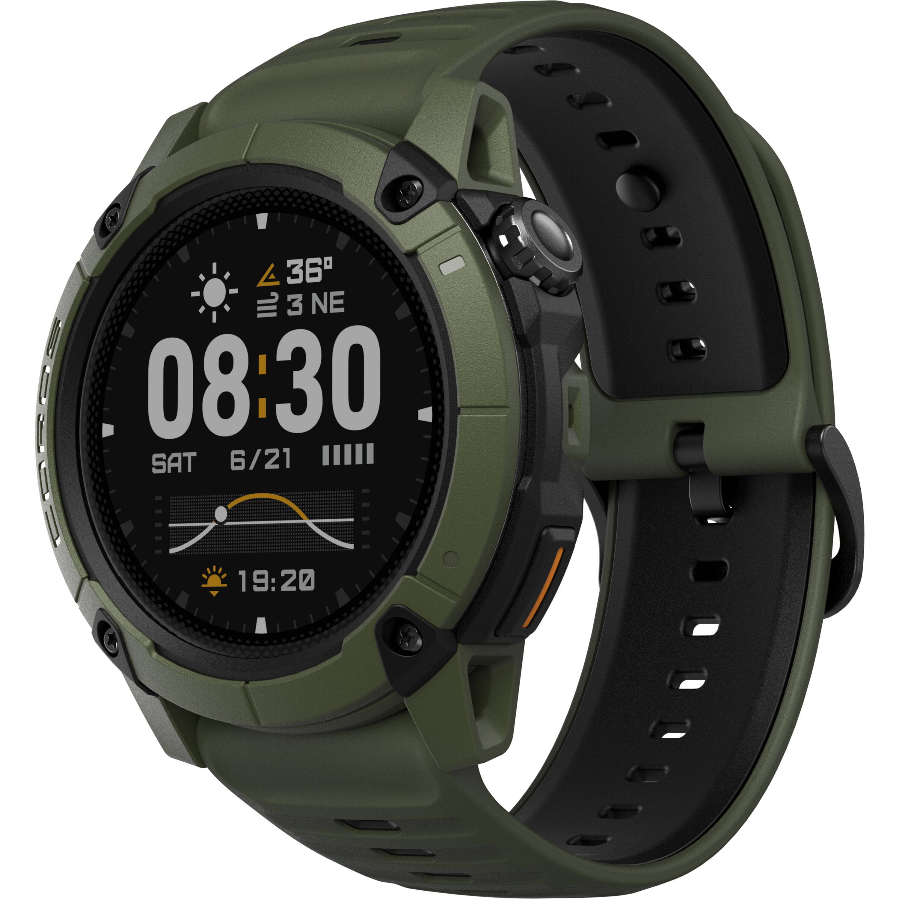 Coros NOMAD outdoor GPS watch in green with digital display, showing sport modes and adventure journal features.