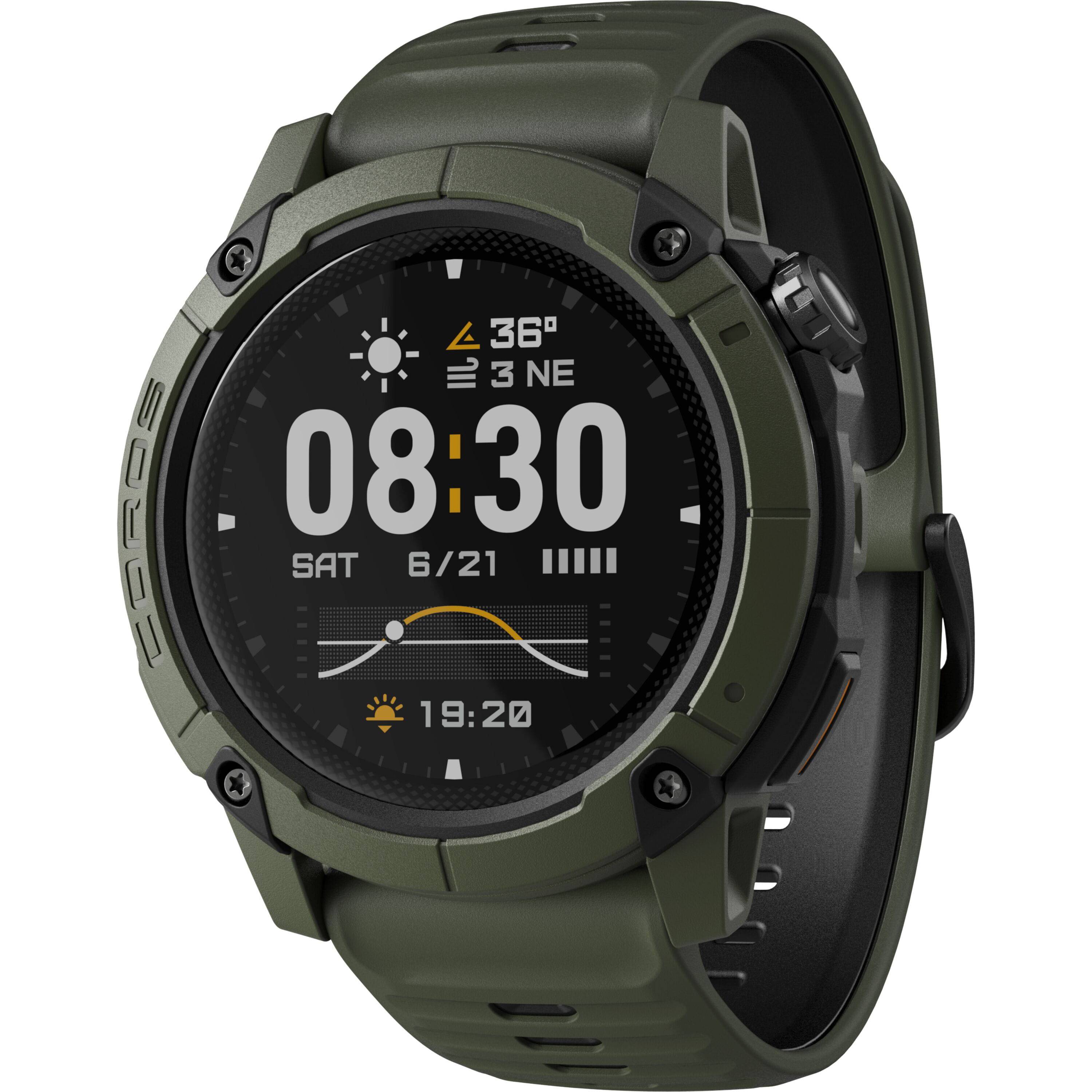 Coros Nomad outdoor GPS watch in green with adventure journal and multiple sport modes, designed for outdoor activities and tracking.