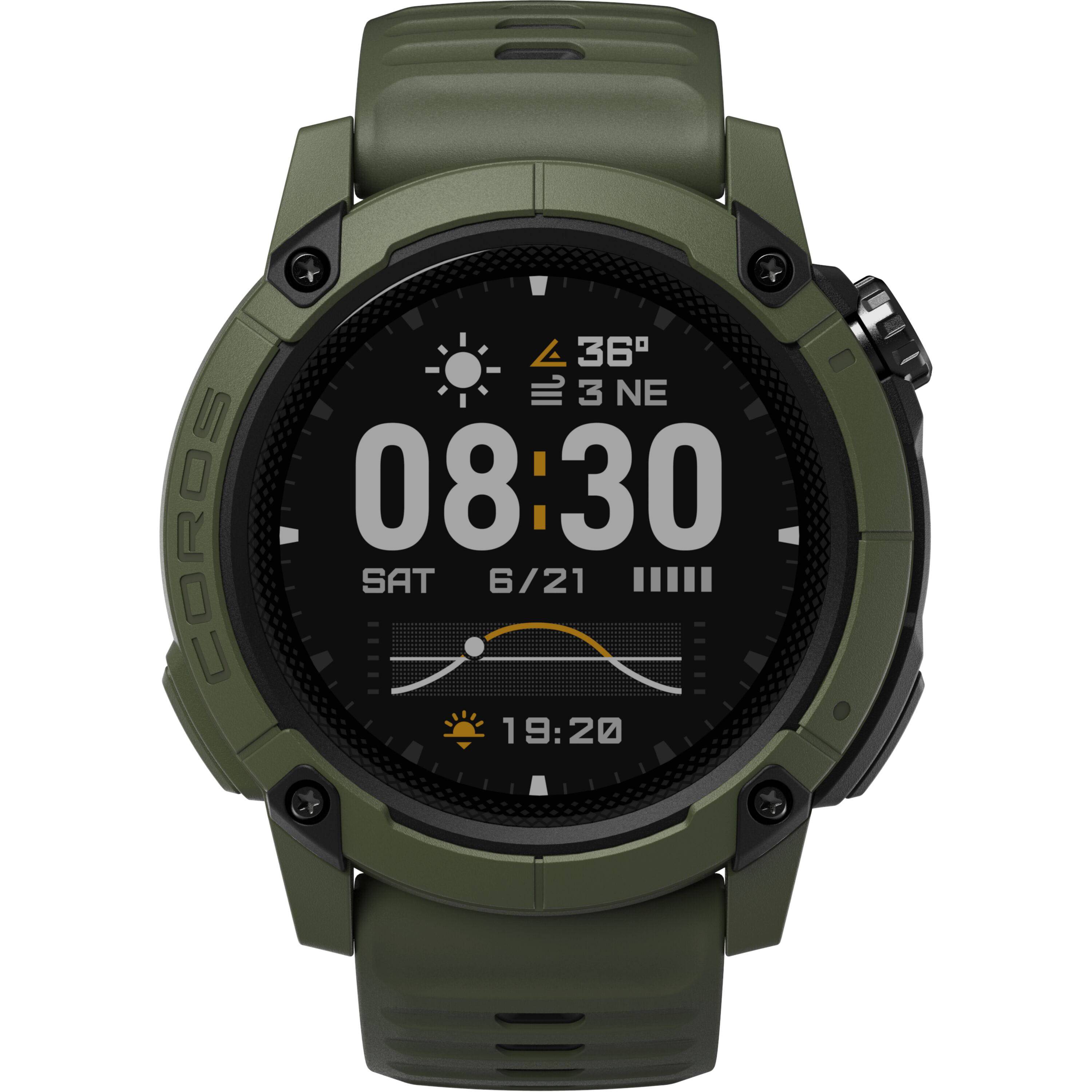 Coros Nomad outdoor GPS watch in green with adventure journal and multiple sport modes, designed for outdoor activities and tracking.