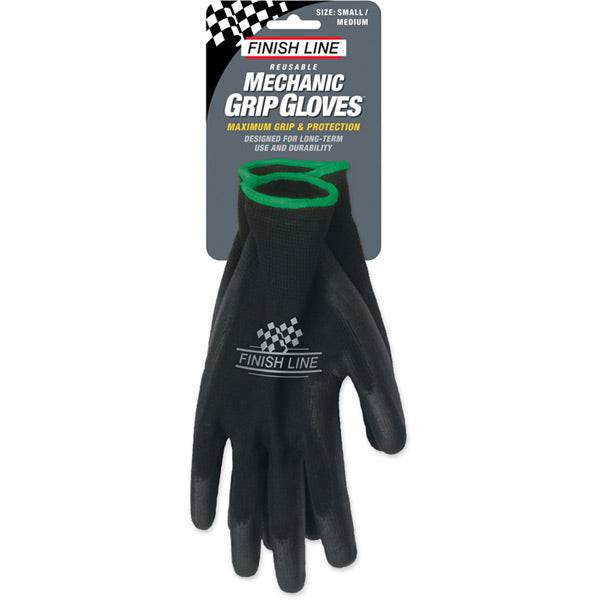 Finish Line mechanic grip gloves in small/medium size, reusable workshop work gloves with durable textured palms.