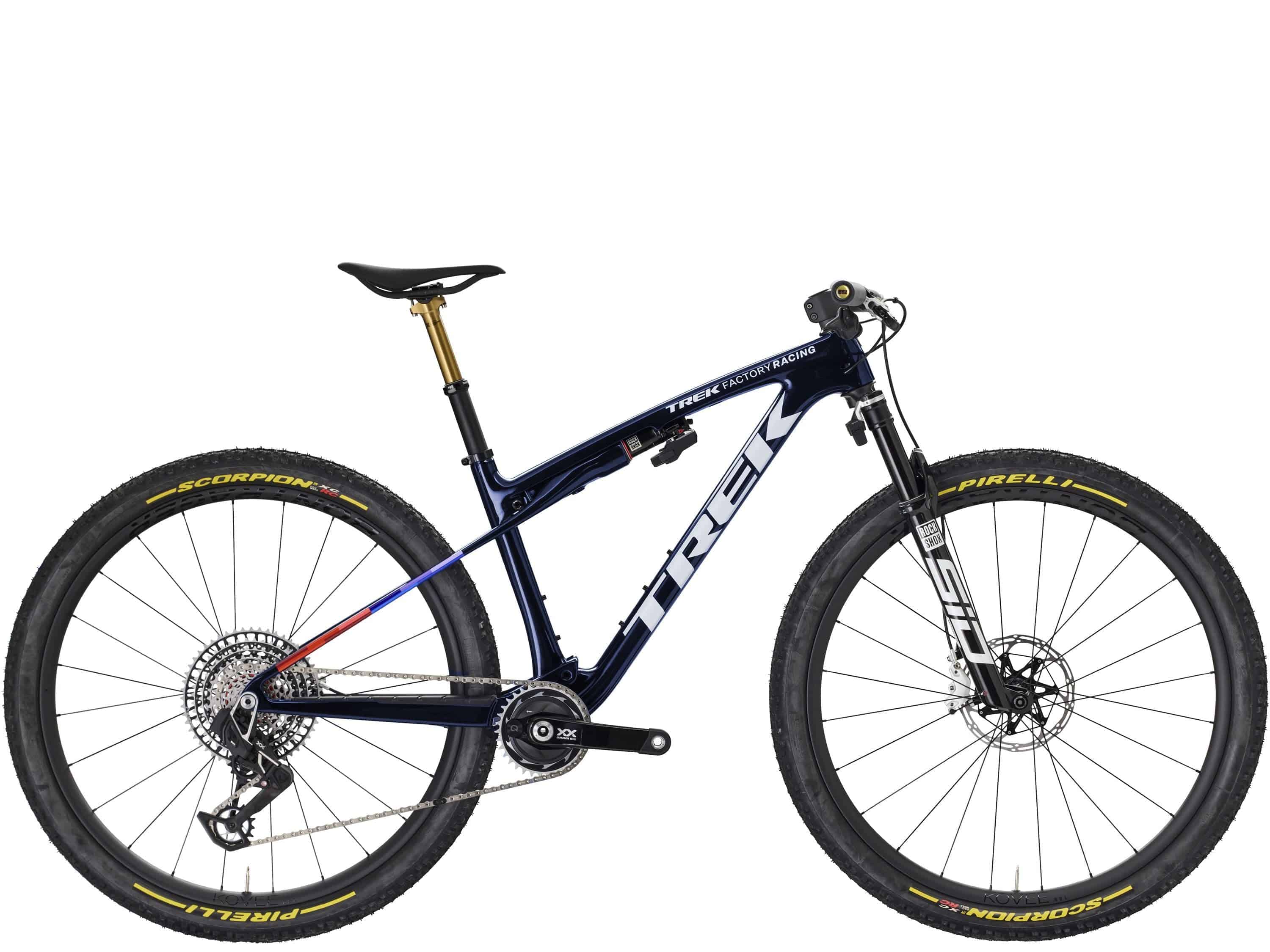 Trek Supercaliber SLR 9.9 XX AXS Flight Attendant Gen 2 cross-country mountain bike with sleek frame and advanced suspension.