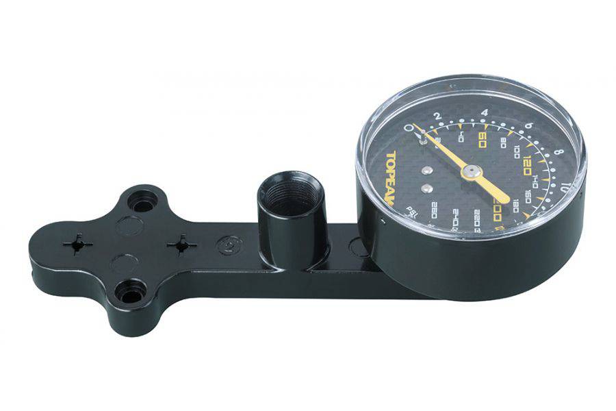 Topeak JoeBlow Ace bike tire pressure gauge in black, displaying accurate inflation readings for cycling accessories