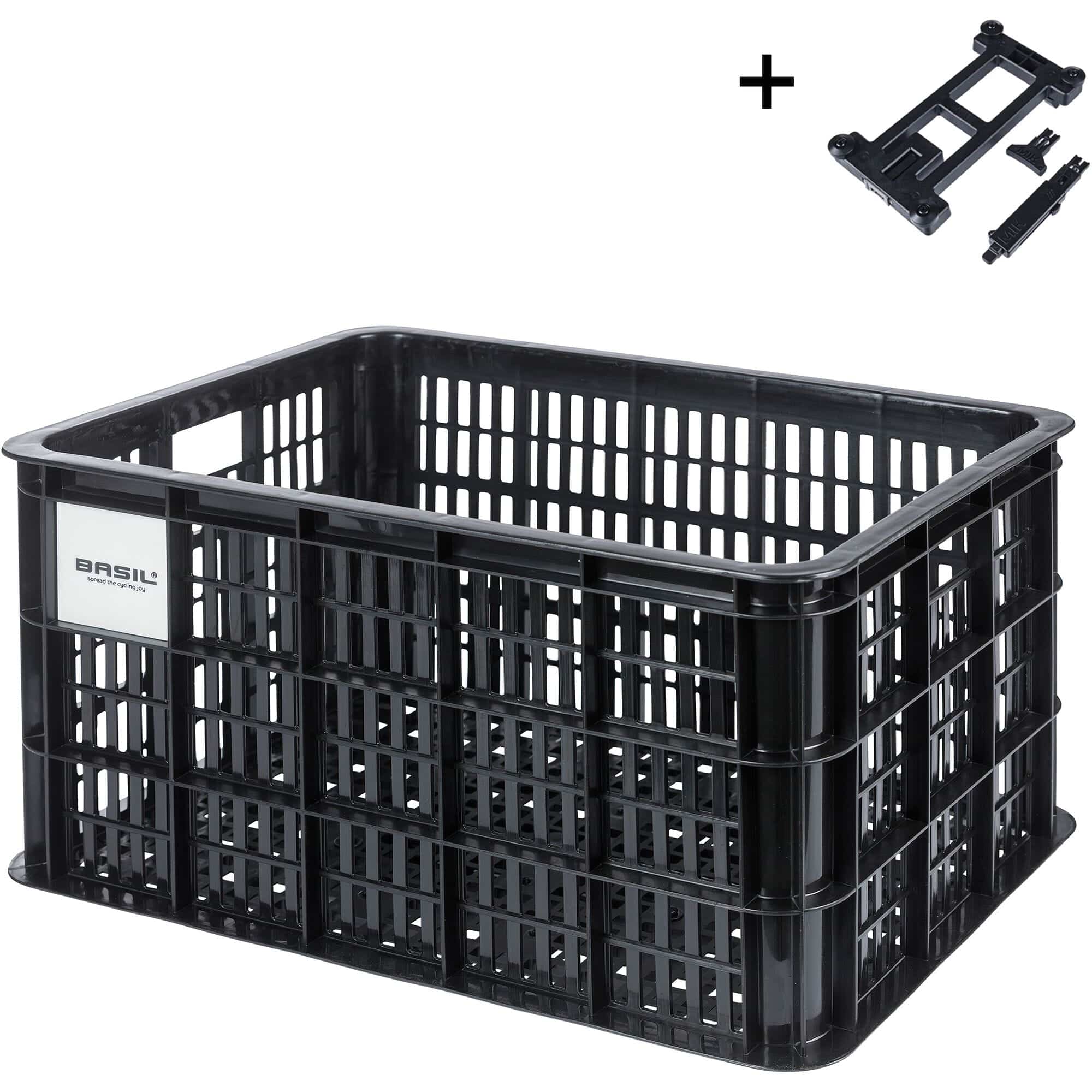 Large Basil Basil Bicycle Crate MIK 40L black recycled synthetic bike basket mounted on a bicycle.