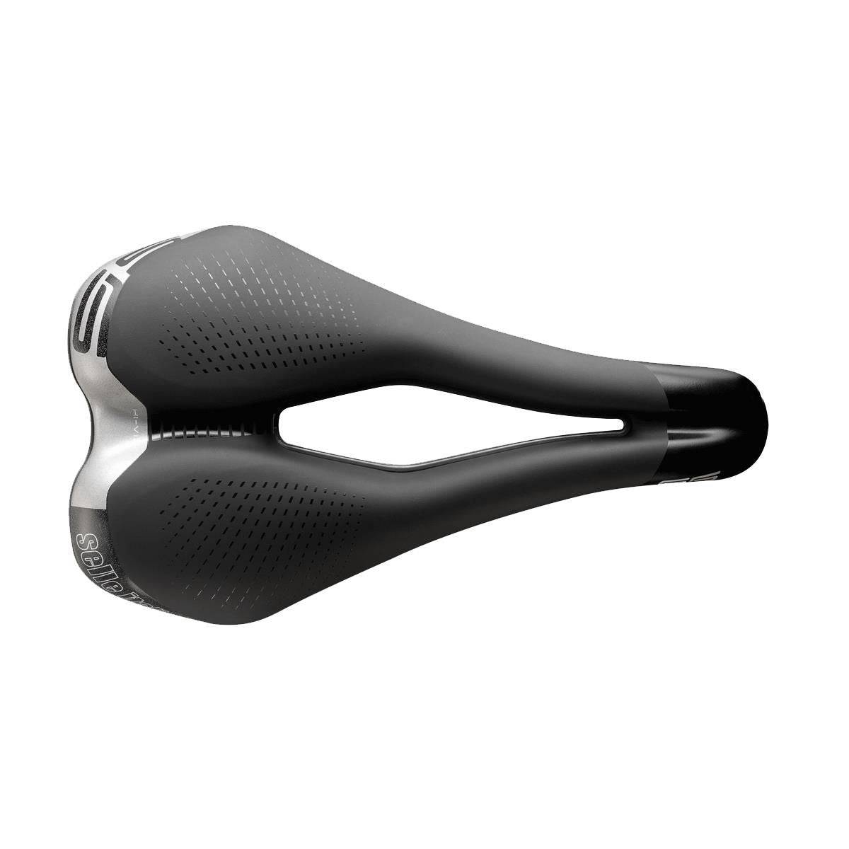 Selle Italia S5 Superflow commuter saddle in black with gel padding and reflective inserts, designed for comfortable cycling.