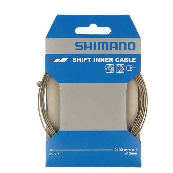 Shimano stainless steel gear inner wire for road and MTB bikes, 1.2mm x 2100mm, showing the coiled cable with metal fittings
