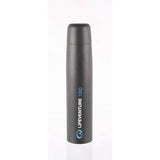 Lifeventure 1000ml graphite stainless steel vacuum flask with insulated design, shown with a sleek, durable bottle for hot and cold drinks.