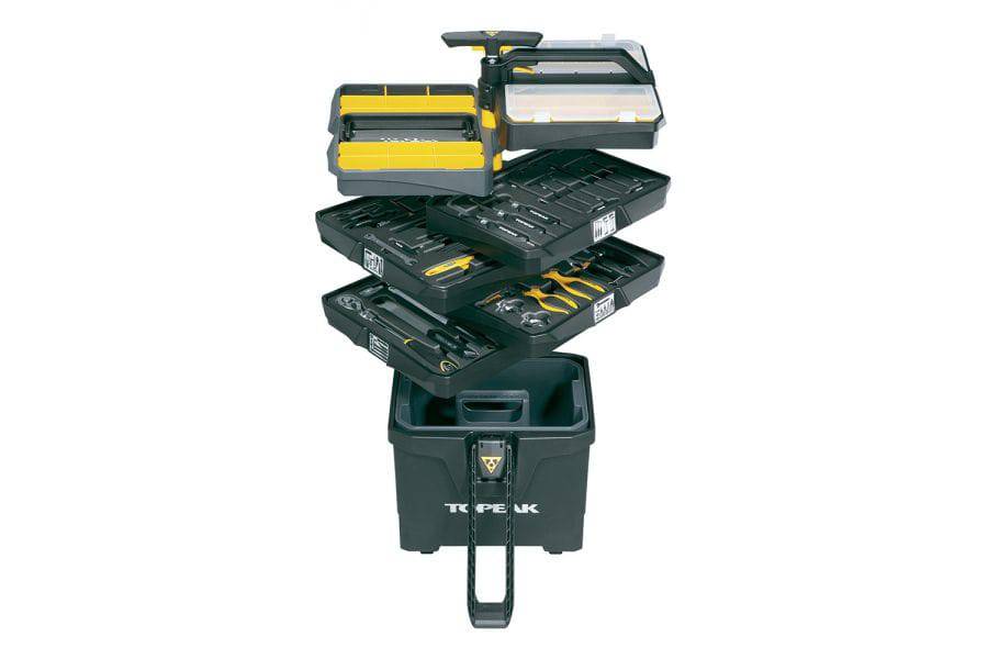 Topeak PrepStation Pro mobile bike repair workstation with a 55-piece toolkit in black, includes work surface and storage for tools.