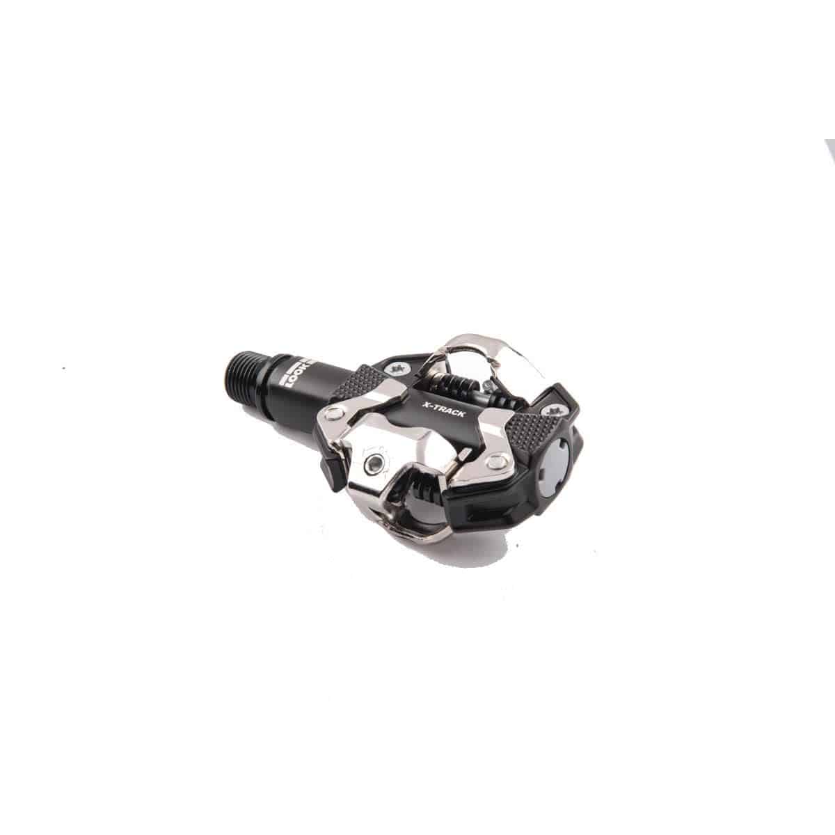 LOOK X-Track grey MTB clipless pedals with adjustable tension, durable mountain biking component for secure foot grip.