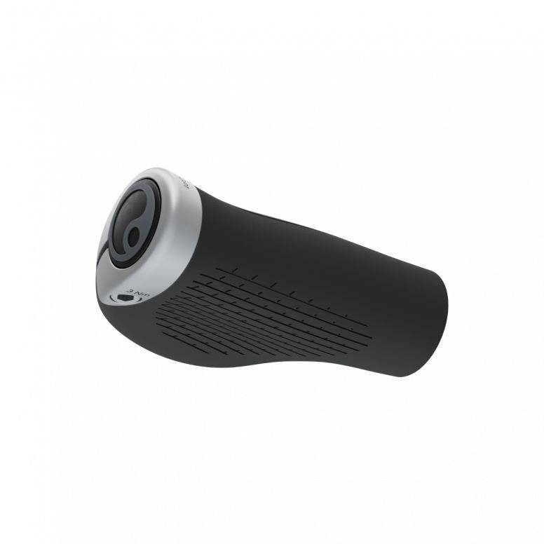 Black and grey Ergon GP1 Evo single Twistshift grips with aluminium clamp, designed for Nexus and Rohloff bicycle gears.