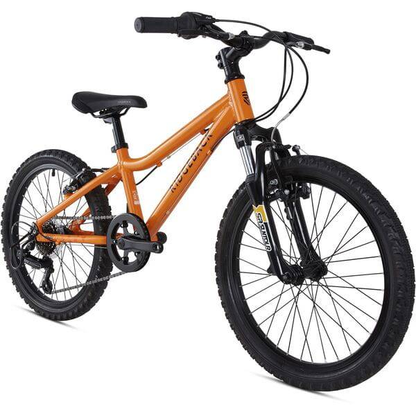 Ridgeback MX20 kids bike with Suntour fork, suitable for ages 6-10 and riders 120-140cm, shown with colorful frame and handlebars.