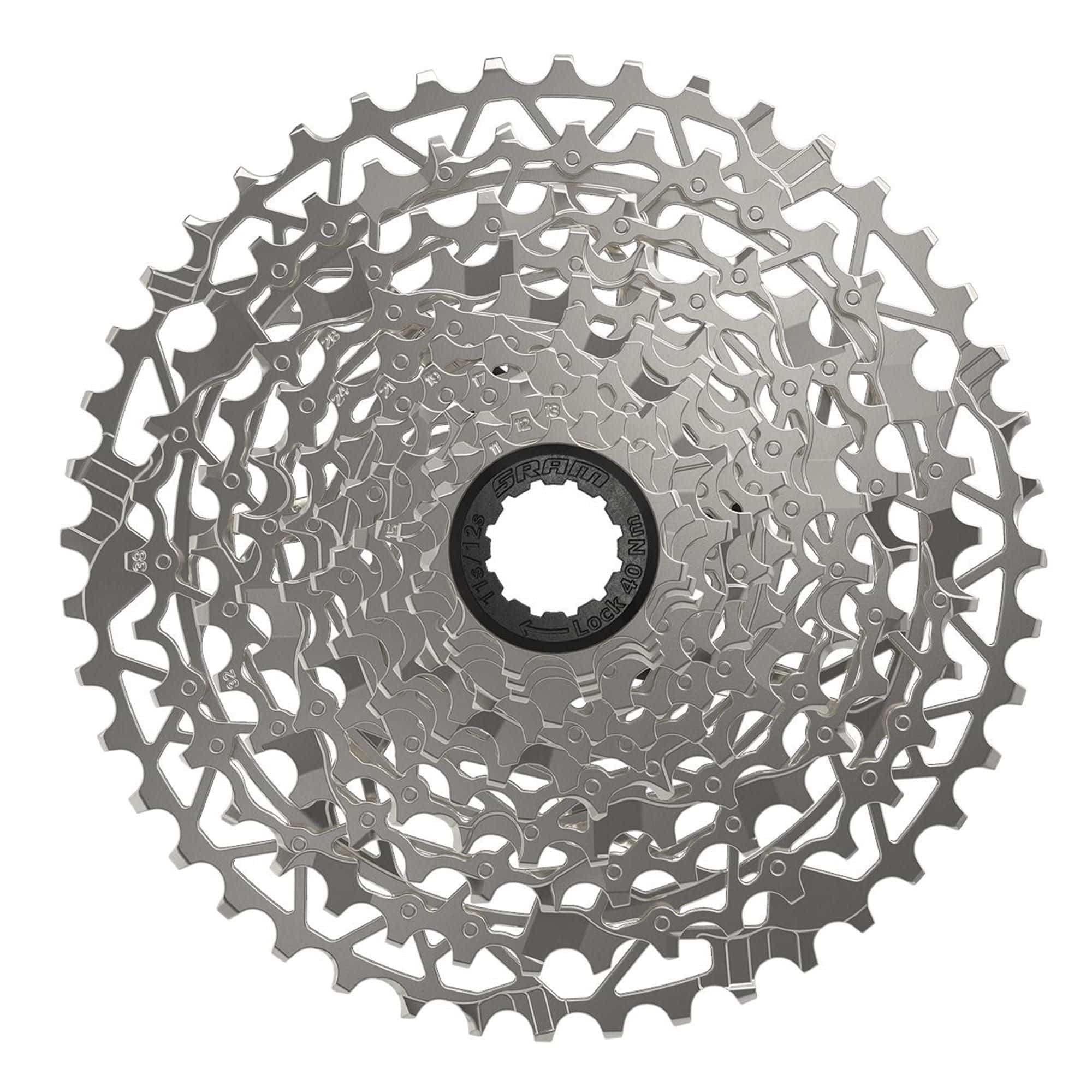 Sram PG-1231 XPLR 12-speed cassette with 11-44T gears for 1x drivetrain, showcasing the lightweight metal construction and gear teeth.
