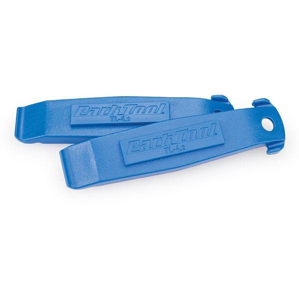 Park Tool TL-4.2 tyre lever set with spoke hooks for bike maintenance, featuring two durable plastic levers in a workshop setting.