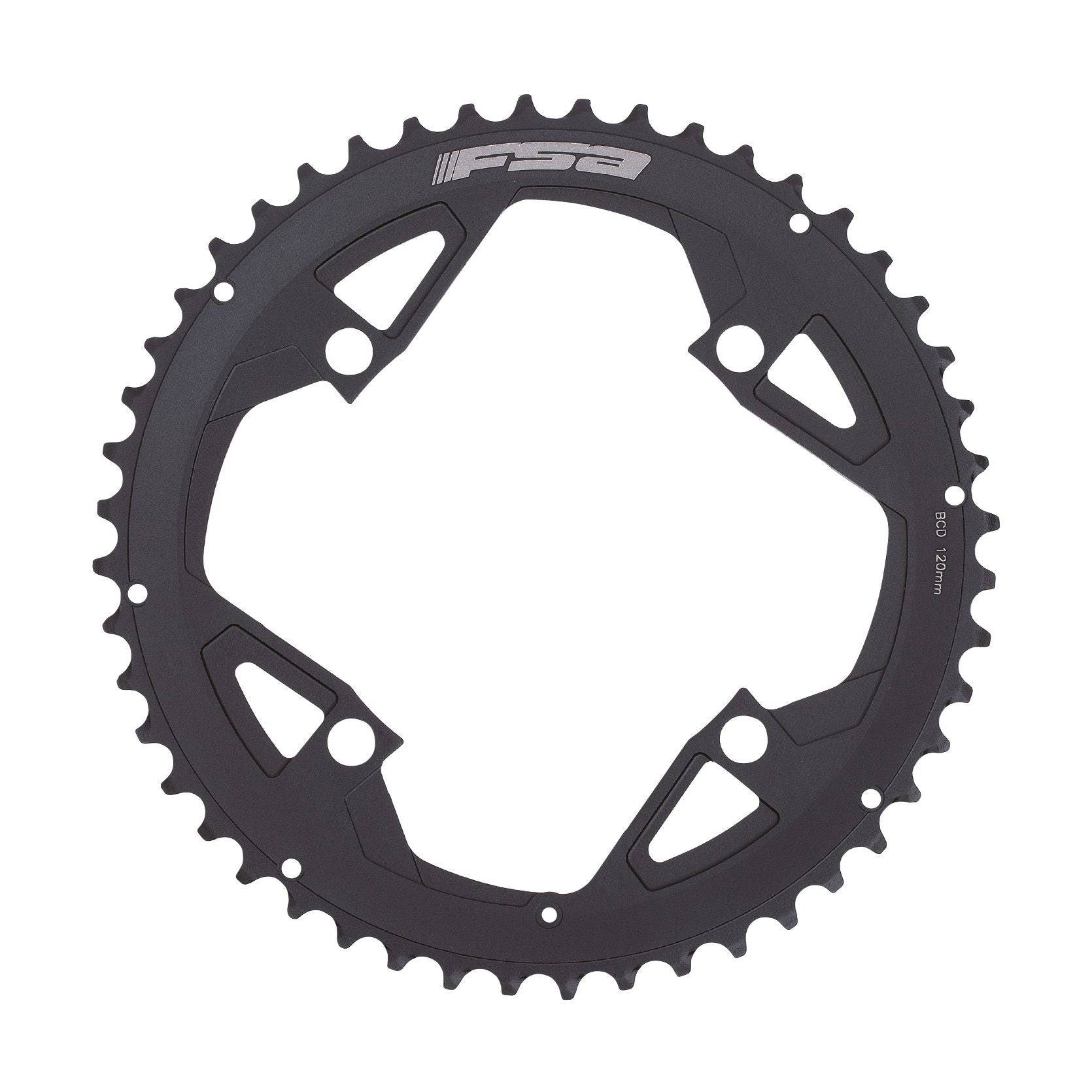 FSA Gossamer Road chainring for 2x11-speed cranksets, black 48T with 120mm bolt spacing, shown on a bicycle crankset.