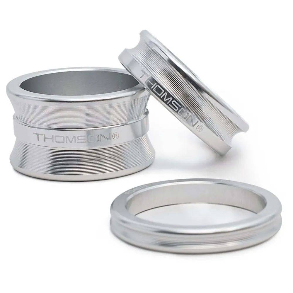 Thomson Silver Spacer Kit with 20mm, 10mm, and 5mm spacers for bike stem adjustment, designed for precise bike fit.