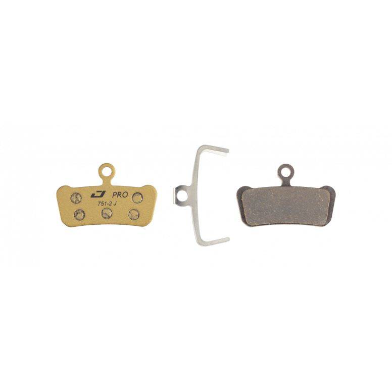 Jagwire Pro semi-metallic disc brake pads for SRAM Guide Gold Pro mountain bike brake system, shown installed on a bike rotor