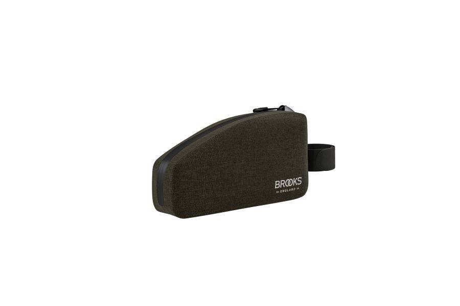 Brooks Scape waterproof top tube bike bag in black with reflective logo, designed for cycling accessories and storage.