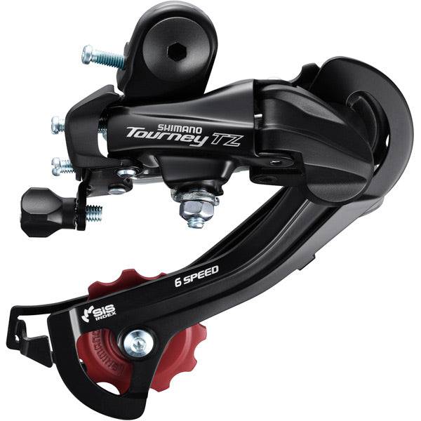 Shimano Tourney TY RD-TZ500 6-speed MTB rear derailleur mounted on a bike, showcasing its durable, compact design for mountain biking.