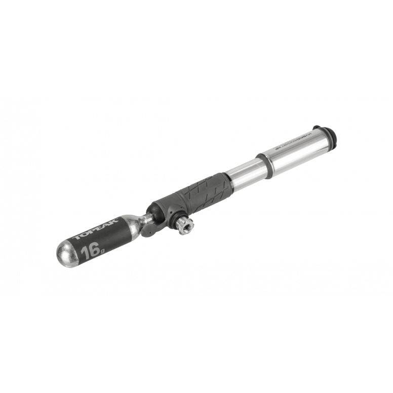 Topeak Hybrid Rocket HP hand pump with CO2 cartridge for road bikes, compact bike accessories with pressure gauge