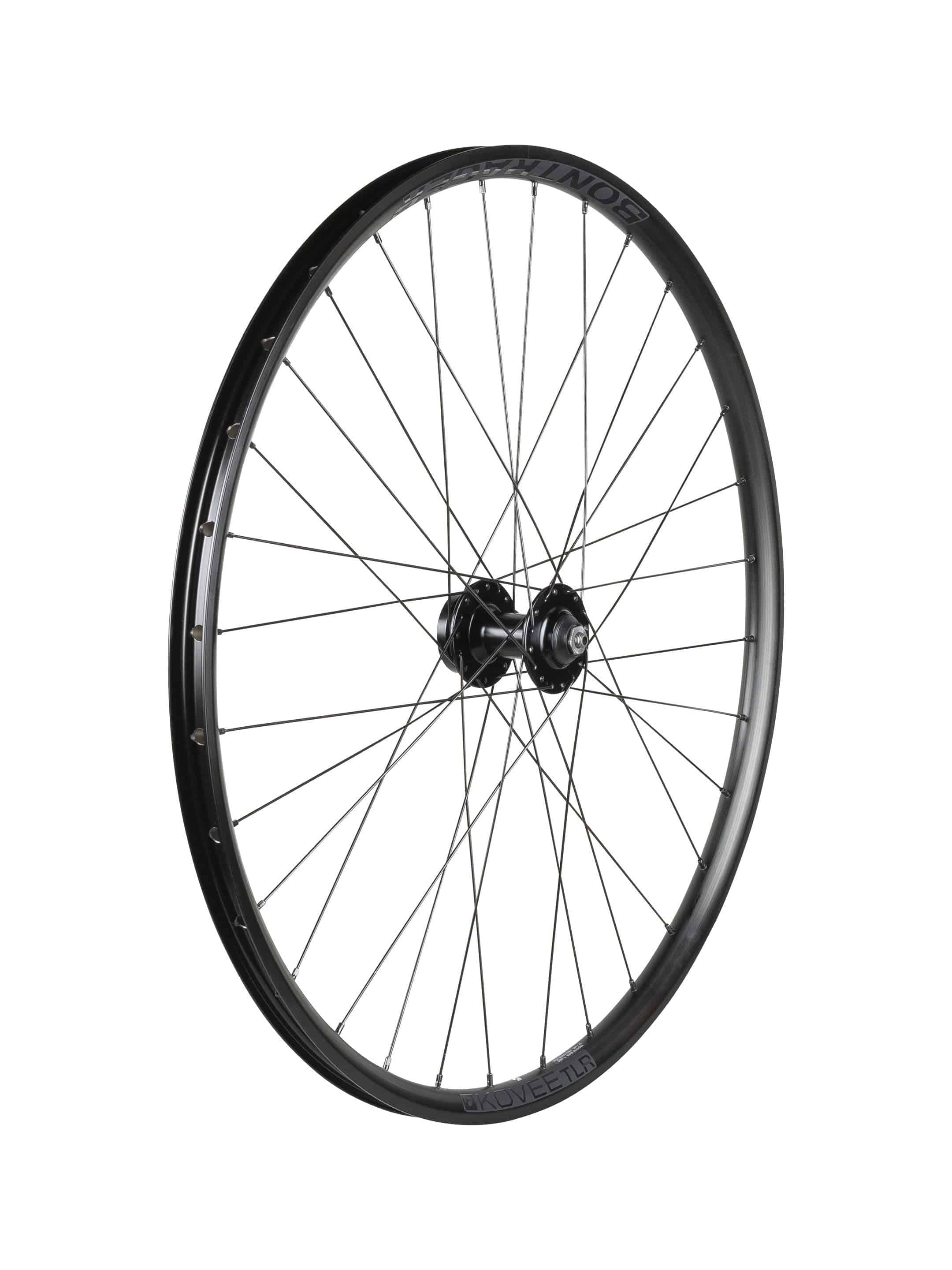 Bontrager Kovee TLR 27.5-inch MTB front wheel with 32 holes and 6-bolt disc mount in black, no cassette included.