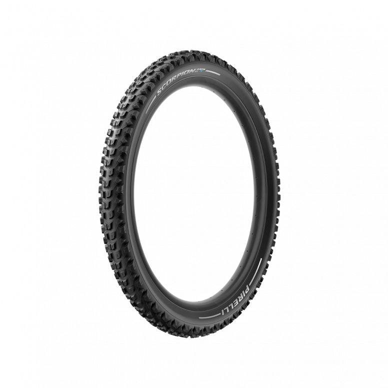 Pirelli Scorpion E-MTB S tyre with SmartGRIP Gravity compound for off-road mountain biking, shown mounted on a bike wheel