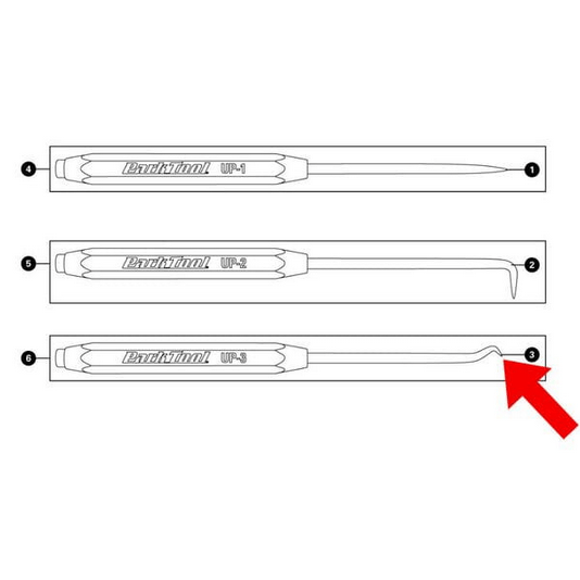 Park Tool 697 replacement straight pick insert for UP-3 workshop repair tool, showing its precision metal tip and ergonomic handle.
