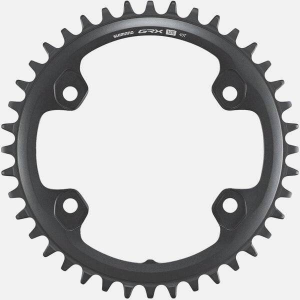 Shimano GRX FC-RX820-1 12-speed 40T single chainring for gravel and road bikes, close-up of black chainring with teeth.
