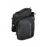 Topeak MTX TrunkBag DXP black bike rack bag with pannier 2.0, expandable for bike accessories and storage.