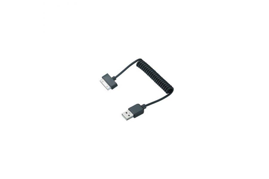 Topeak Apple Panobike 30-Pin black charging cable for Apple devices, shown coiled with connector ends visible.