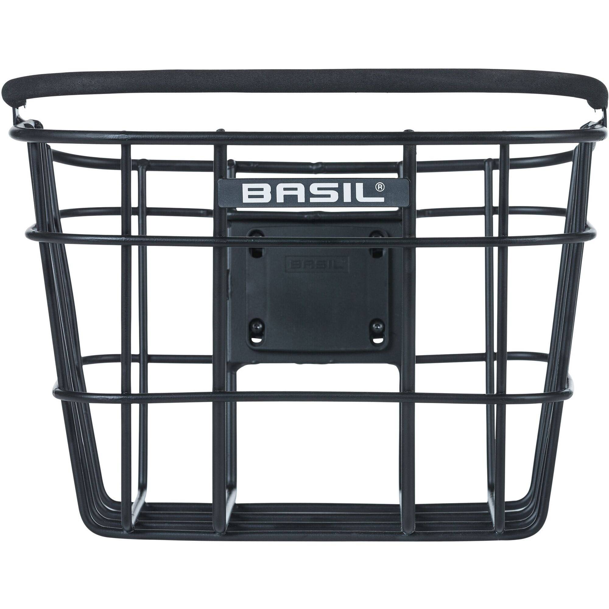 Basil Bremen Alu KF front bike basket in matte black with detachable handle and adapter plate for easy attachment.