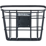Basil Bremen Alu KF front bike basket in matte black with detachable handle and adapter plate for easy attachment.