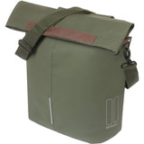 Moss green Basil City Bicycle Shopper Bag with reflective details, hook-on system, and capacity of 14-16 liters, designed for bike accessories.